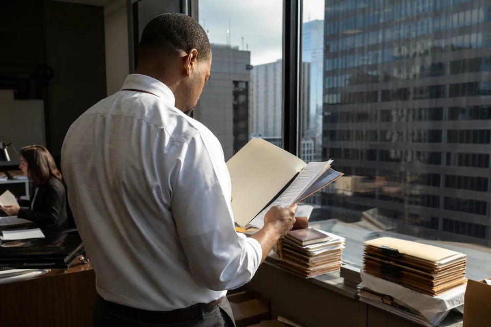 Attorney with rolled-up shirt sleeves reading a thick case file by the window of a downtown office, photographed from behind his shoulder