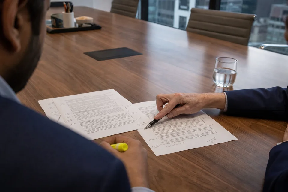 Two people at a conference table with a printed agreement marked up in the margins, close detail of the pages