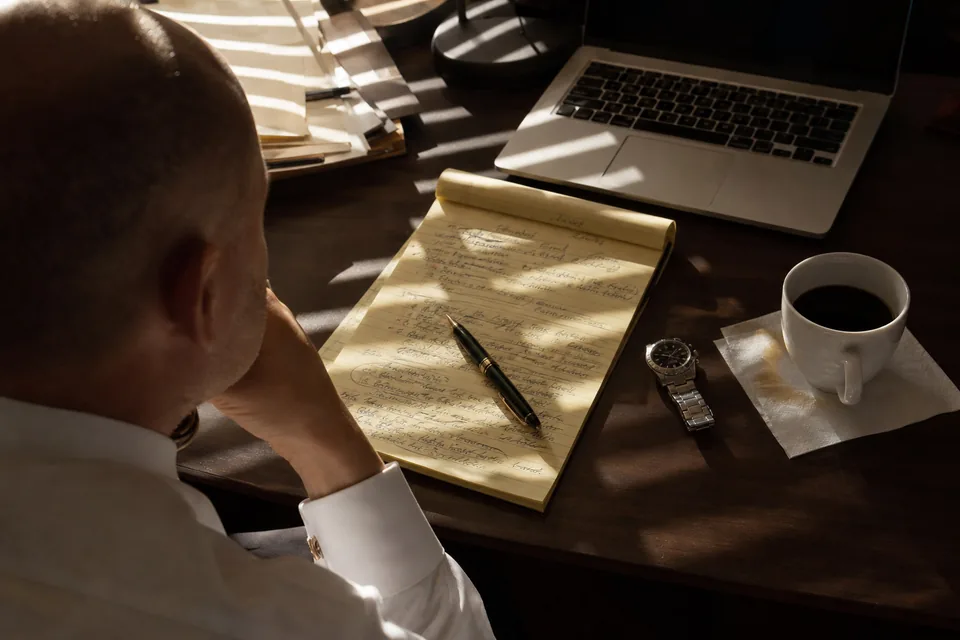 Lawyer's notepad with handwritten meeting notes beside an open laptop and a cup of coffee in the morning