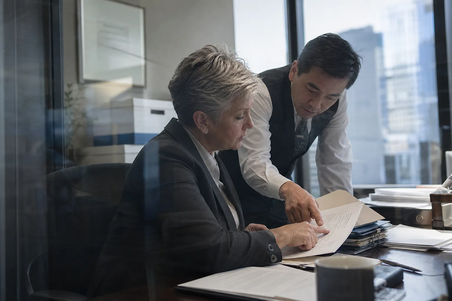 Managing partner in her fifties in a glass-walled office talking with the firm administrator over a printed access report
