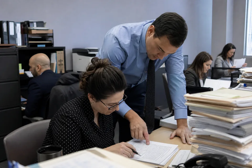 Partner reviewing a printed draft with a paralegal in a small law office