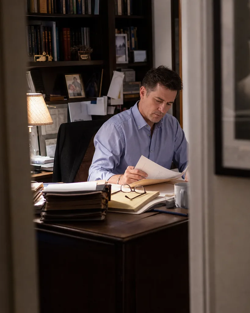 Solo attorney working on client files at a home office desk in the evening