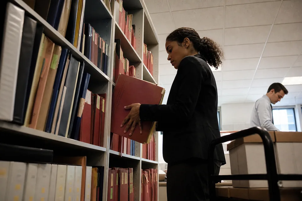 Associate pulling a matter file pocket from a shelf of case binders