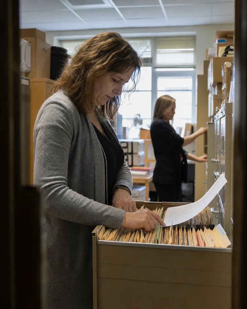 Records clerk searching closed matter folders against a printed list of party names