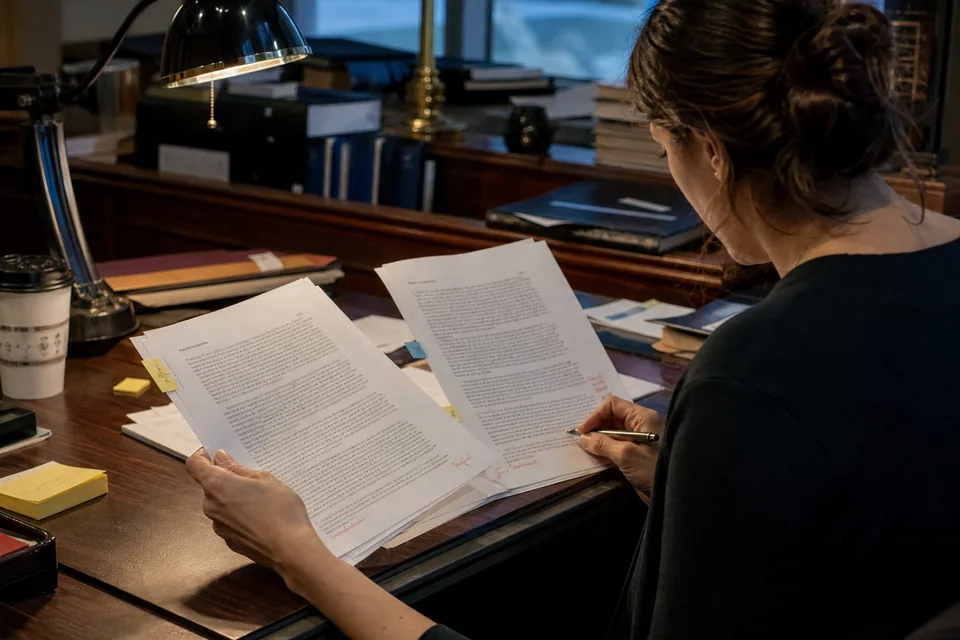 Associate comparing two printed versions of a commercial agreement with pen markup