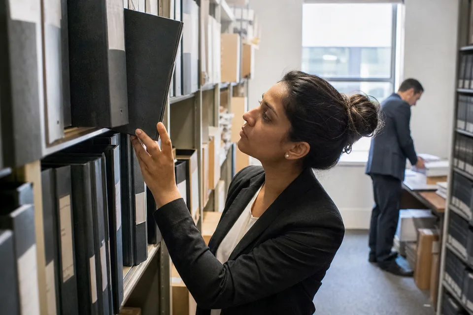 Knowledge manager pulling a binder of precedents from a shelf of firm records
