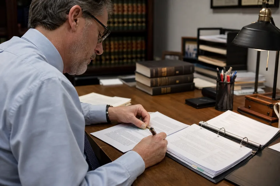 Attorney editing a printed draft with a binder of firm templates open beside him