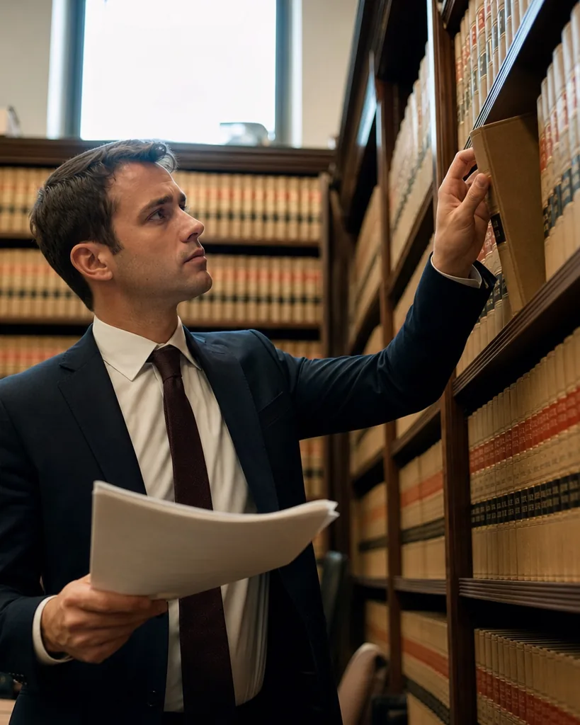 Associate pulling a bound volume from library shelves while holding a research memo