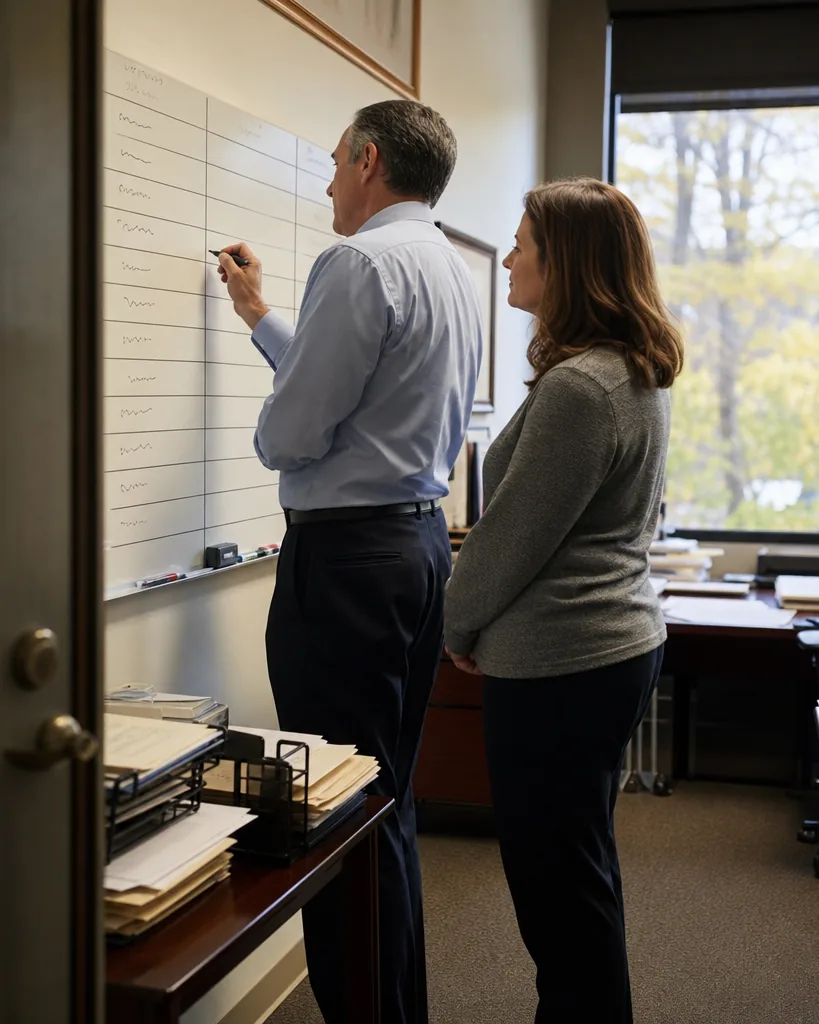 Managing partner and office manager planning matter assignments at a whiteboard