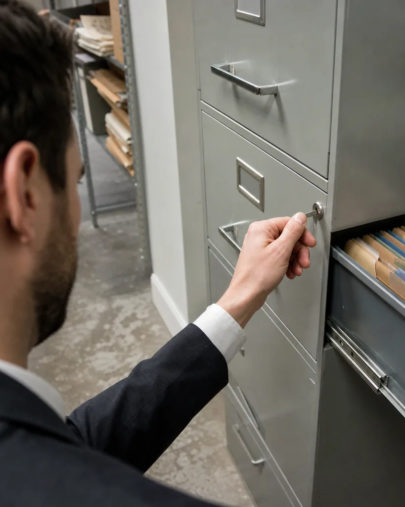 Hand locking a steel file cabinet holding confidential client files