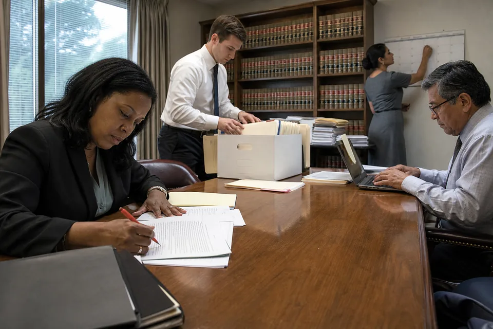 Four people of a small law firm working on separate tasks at one long table with binders, a laptop and a wall calendar behind them